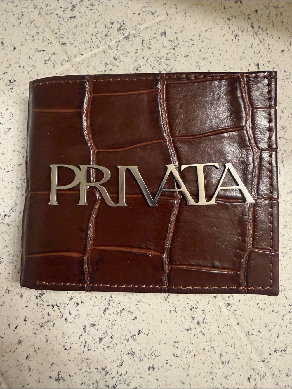 Privata Brown Croc-Embossed Leather Bi-Fold Wallet with box and bag